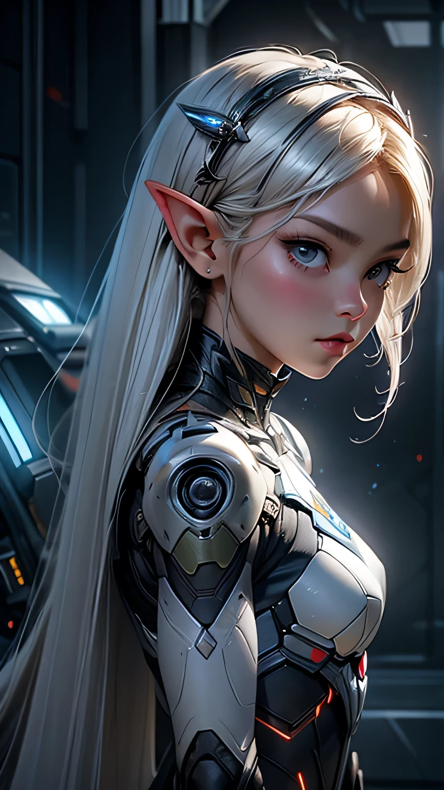 masterpiece, Highest quality, Highly detailed CG Unity 8k wallpaper,((Upper Body)) ,((Upper Body head close-up shot of a beautiful girl)), inorganic bedroom, (Long pointed ears), Elegant long wavy platinum blonde hair, ((Average chest, Self-illuminating skin)), ((cyberpunk bodysuit)), ((Spread your legs)),(Mechanical Circlet), (blush), , (Captivating smile), A very beautiful, symmetrical face, Key Art, Awards, intricate detail realism hdr, Photorealism, Hyperrealism, Ultra-realistic, Dramatic Light, Strong Shadows, Nice views, Depth of written boundary