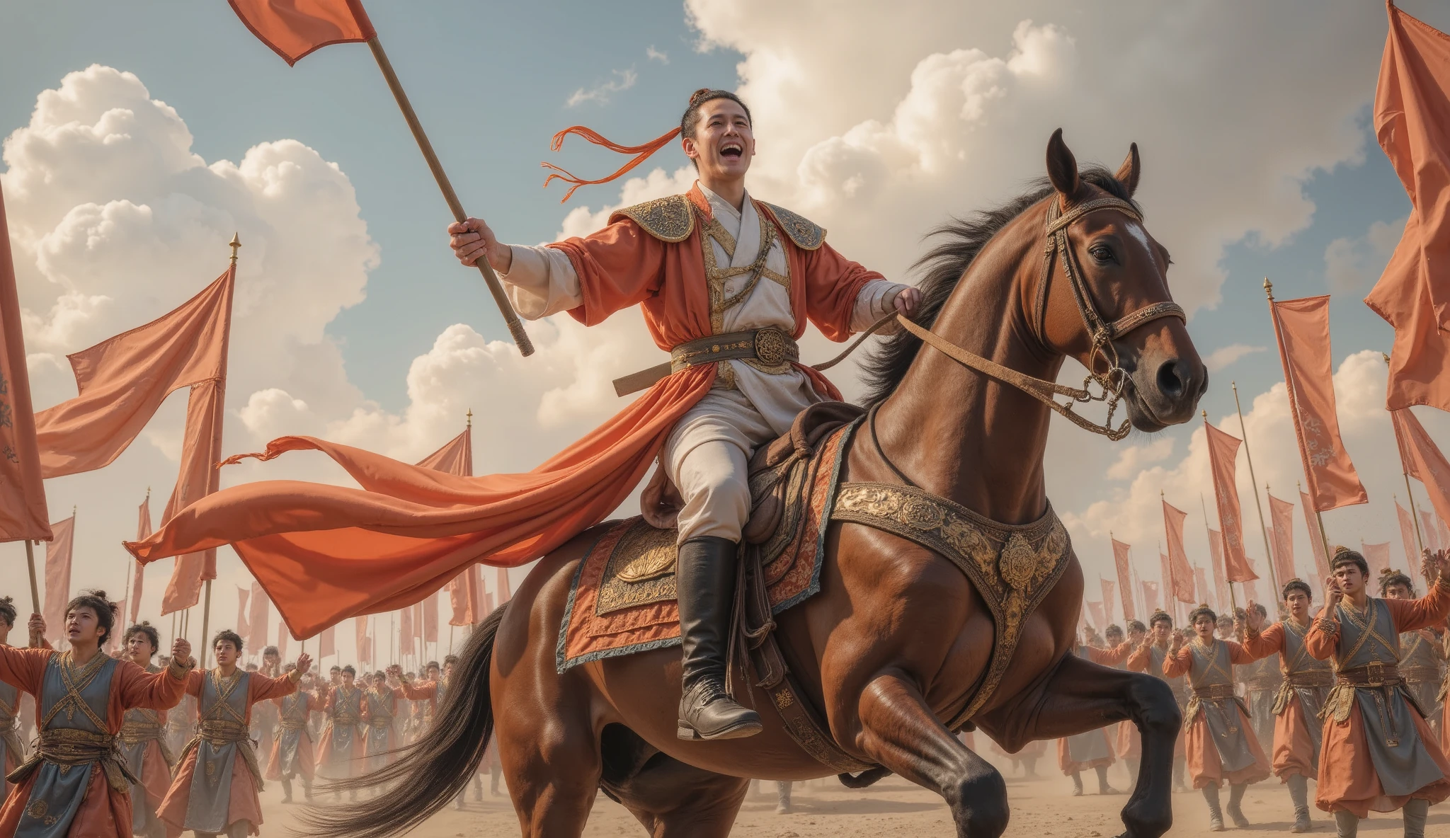 Tang Dynasty， battlefield，男人身披Tang Dynasty铠甲，Man riding horse   ，  Holding a weapon ，   shout loudly ，Greet the victory ， the soldiers wave the flag and shout 。