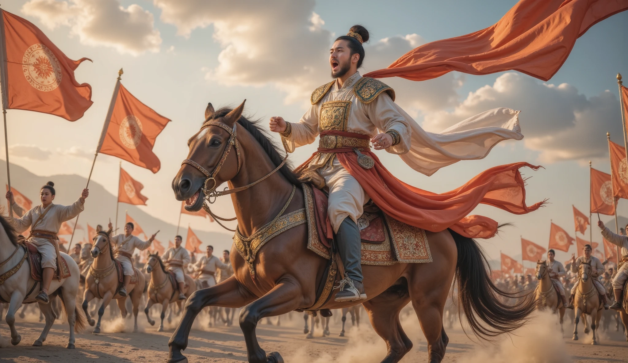 Tang Dynasty， battlefield，男人身披Tang Dynasty铠甲，Man riding horse   ，  Holding a weapon ，   shout loudly ，Greet the victory ， the soldiers wave the flag and shout 。