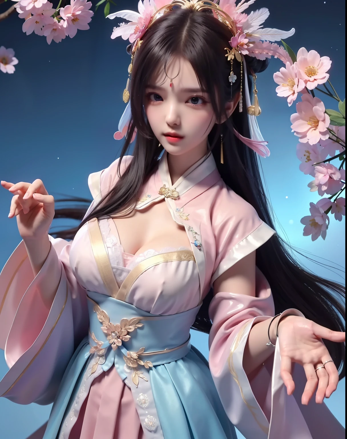 (8k, RAW photo:1.2), best quality, ultra high res,dramatic angle,(fluttered detailed color splashs), (illustration),(((1 girl))),(long hair),(rain:0.9), (Headdress:1.4),There is an ancient palace beside the girl,Hanfu,(Key Points),Color ink painting,(Splash of Color),Splash of Color,(((colorful))),(sketch:0.8) , Masterpiece, best quality, beautiful painted, highly detailed,(denoising:0.6),[splash ink],((ink refraction)), (beautiful detailed sky),moon,highly,detaild,(masterpiece, best quality, extremely detailed） CG Unity 8k Wallpaper，masterpiece，best quality，Ultra Detailed），（Lycoris）. hanfu open v open V-chested clothes Thin silk lace dress , (huge ，cleavage),, white pinkand gren，best qualtiy，tmasterpiece，Ultra-high resolution，（Reality：1.4），RAW photogr，（True skin texture：1.3），（filmgrain：1.3），（Selfie angle），1个Giant Breast Girl，Beautiful eye and face details，tmasterpiece，Best quality at best，，The chest more exposed， detailed hair, bra pink , detail 8k, upper body, lace petticoat