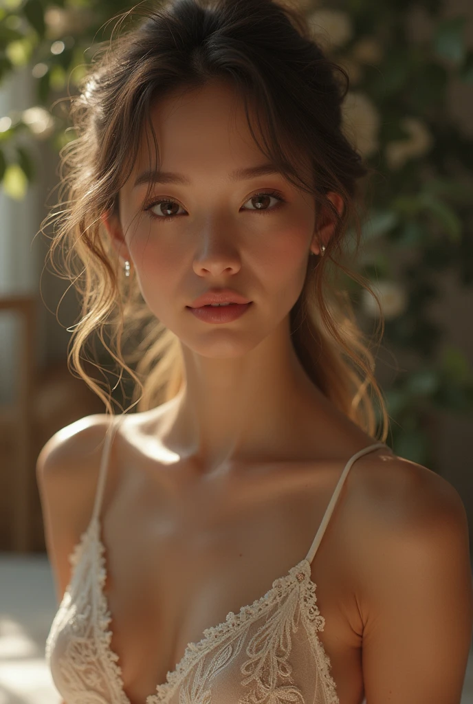 color photograph, close-up, ((a realistic photo of a beautiful girl)), (milalc), light, ((glowy skin)), looking_at_viewer, (fit body:1.0), ((medium breasts)), soldier, beautyfull drees, jewelry, neckless, wearing to many accessories, pink lipstick, shy, blushing, high ponytail, detailed illustration, masterpiece, high quality, realistic, very detailed face,