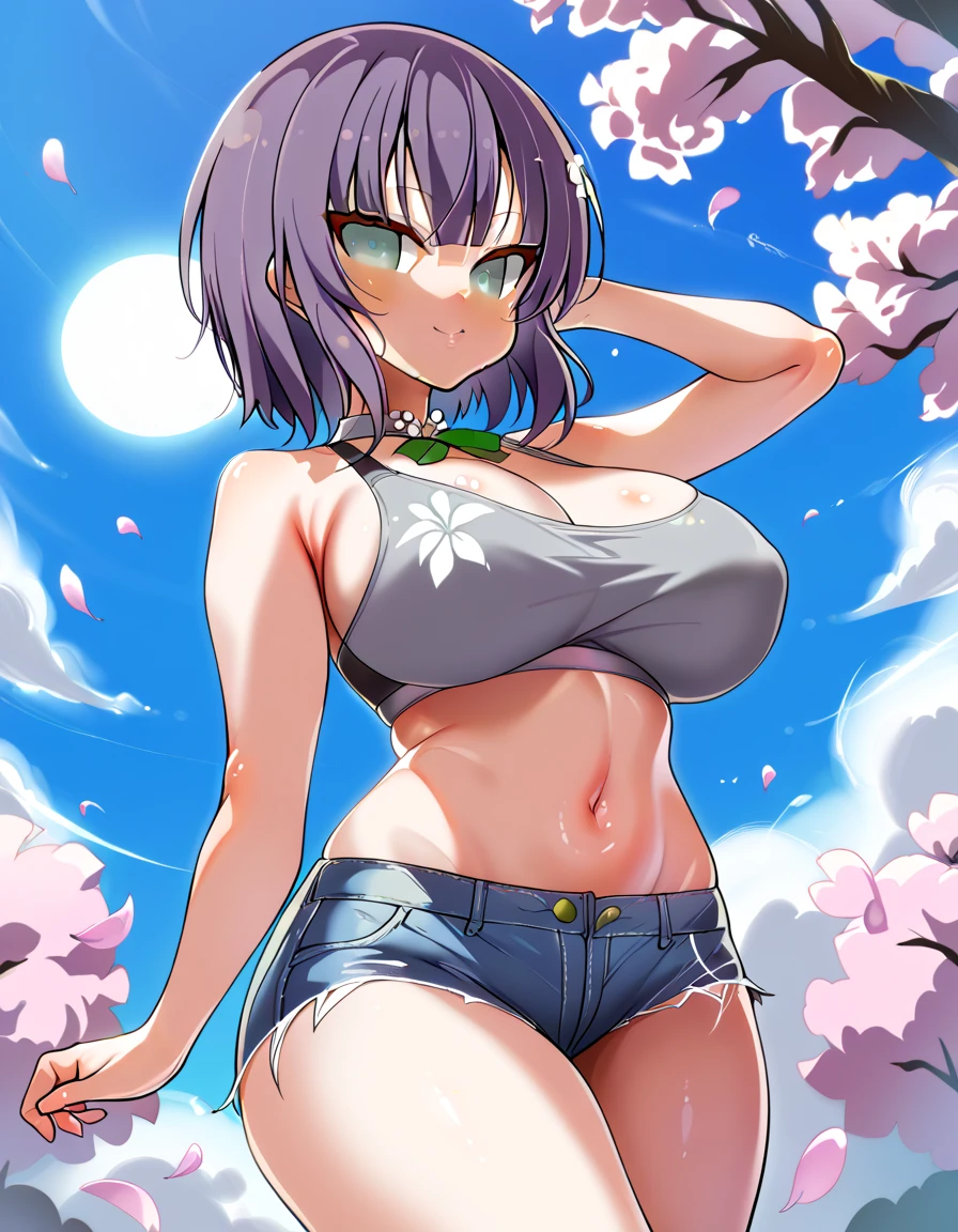 Cherry Blossoms at Night＝Senran Kagura 、student、   1 girl、 Big Breasts 、  short hair 、 short jeans 、  high leg、   gray sports bra 、 plump、 cute、   floral brooch 、 purple hair 、Backstreets、Lethargic、 upright posture 