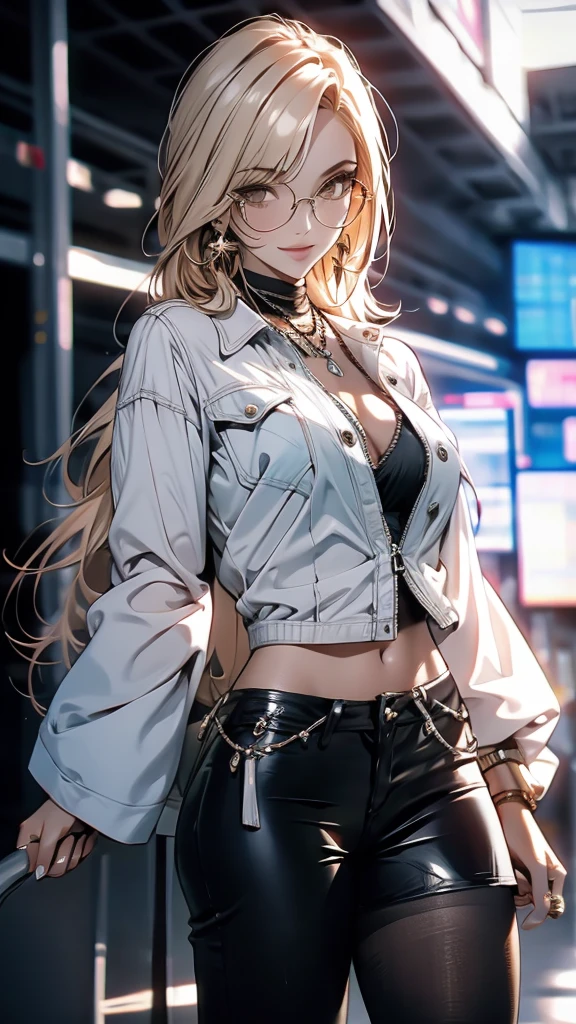 female gamer, ((wet thin white shirt, opened zip fashion wind breaker, hot pants, glasses, earring, necklace, blet, face mask, earphone, cute collar)), (idol charming aura, blur effect, bubble effect, black glowing pupil, arcade style make up, petite, blushing face, angry face, blonde color hair), (masterpieces, extreme body detail, high resolution, original character, best anime 16k wallpaper quality, best sadness lighting, liquid on body),full body shot
