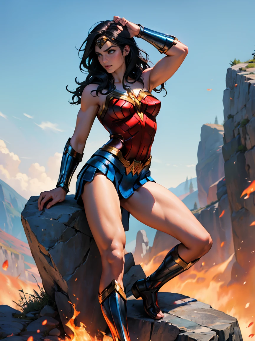 (masterpiece:1.3), (8K, Realistic, RAW Photos, Highest quality: 1.4), ((One Woman)), ((GAL GADOT, WONDER WOMAN)), Beautiful Face, (Realistic Face), Beautiful hairstyle, Realistic eyes, Beautiful details, (Realistic Skin), Beautiful Skin, Absurd, charm, Ultra-high resolution, Ultra-realistic, Very detailed, Golden Ratio, (Best Shadow), Cinematic, (Complex:1.4), (Accurate hand and finger depiction), ((Frowning, Eyes closed)), (Sweat), Flushed, Voluptuous body, NSFW ((She is sitting in ruins with her legs wide open and masturbating)), ((masturbation:1.1)), ((Not wearing underwear)), ((Inserting a dildo into the vagina, woman on top)), ((real vagina)), BREAK ((Greek temple ruins)), (steam:1.2), (cowboy shot)