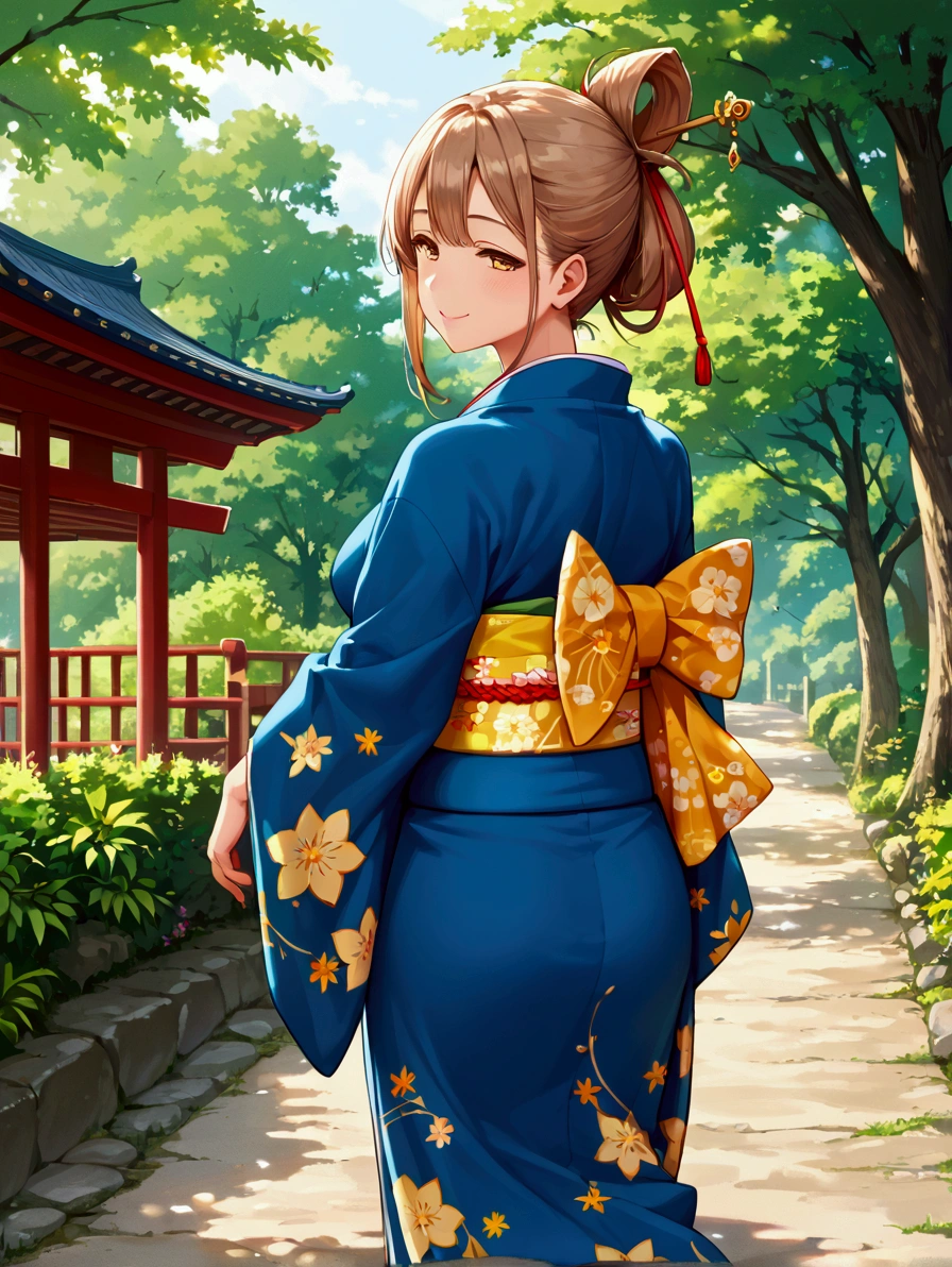 score_9, score_8_up, score_7_up,source_anime, 1girl, solo, light brown hair long hair, hair up a hair stick, (tareme), golden yellow eyes, half-closed eyes, voluptuous, BREAK, walking outdoors, from behind, light smile, (japanese clothes, kimono, obi), pose to looking at viewer,scenery, masterpiece, best quality, very aesthetic, highly detailed,high resolution,