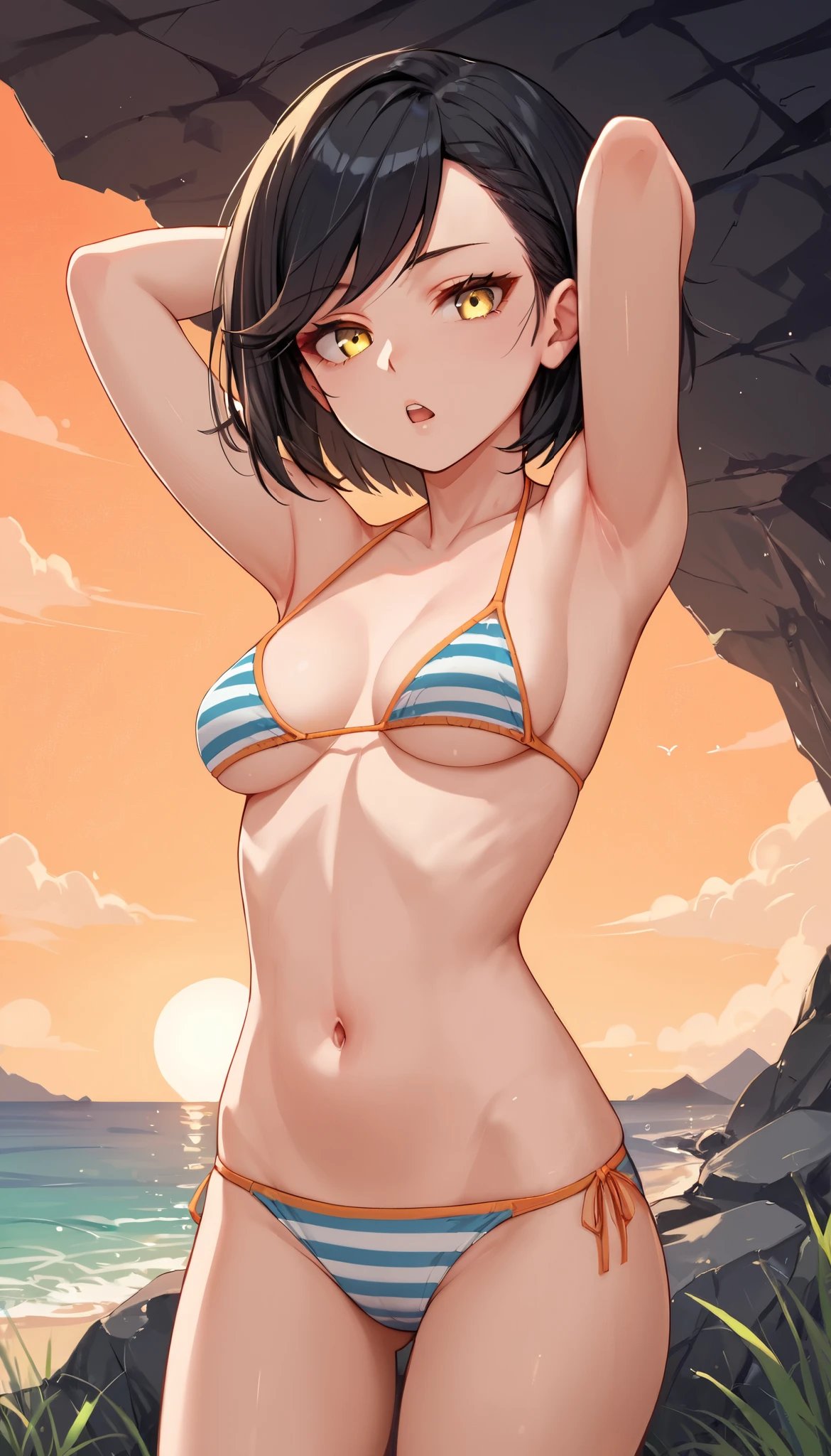 score_9_up, score_8_up, score_7_up, 1girl, solo, source_anime, add_detail:0 BREAK 

black hair, short hair, yellow eyes, swept bangs, emotionless eyes, medium breasts BREAK 

Striped bikini, navel BREAK 

Standing, looking at viewer, arms up, hands behind head, open mouth, bored face BREAK 

Cave interior, rocks, orange sky, sunset sky, ocean, grass BREAK 