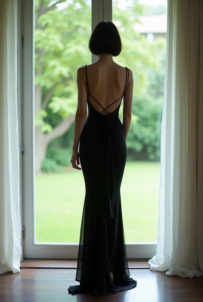 Photo of a woman in a public bathroom wearing a black dress, alone, young, (open back:1.4), short hair, skinny, slender, neon lights, dark, detailed, intricate, looking in mirror, best shadow, blurry, red lips, looking to the viewer, pronounced feminine features, miniskirt