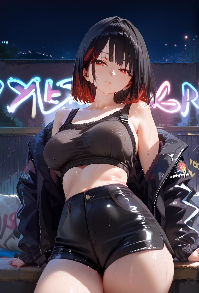 ((Best Quality))), (detailed), 8k,milf, sexy , cute nose, Medium breasts ,Visible curves, Wide hips, Realistic, Standing, sweaty, steamy, seducing, thick, Black blouse, Techwear jacket, black gloves, black Shorts, street, graffiti, Asian, short black hair with red highlights, red eyes, lazy eyes, Neon effects, night, effects 