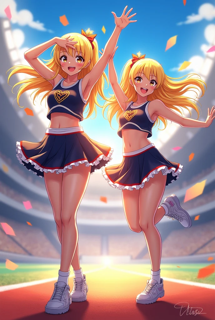 (Highest quality, 32K, High resolution, Masterpiece:1.5, ), One Girl, Cute anime-style illustrations, god々It has a brilliant and healing power., , Expressing emotions, Have a rich imagination, Cute Japanese Girls, Perfect Human Anatomy, Big light blue eyes, Motherhood and generosity, Deep Love, ((A powerful smile:1.6)), ((Shiny Blonde:1.2)), ponytail, Asymmetrical bangs, Hair between the eyes, Transparent, soft white skin, Sharp eyebrows, Thin lashes, Natural Makeup, Cheek highlighter, Detailed and cute lips, (Cheerleader Costumes:1.6), Slim figure with ample breasts, Beautifully detailed skies, ((The summer sunshine pouring down:1.2)), god秘的