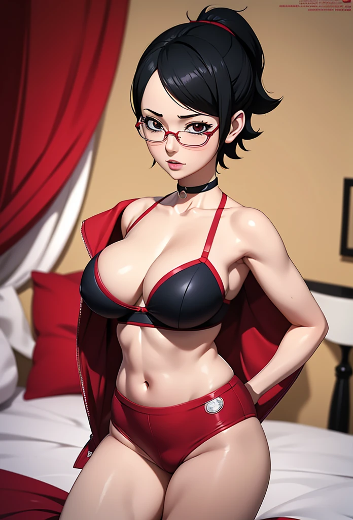 Masterpiece,Solo,1Girl,Sarada Uchiha,(One Piece),Perfect Body,Sexy Body Hot,Big Breast,High Quality,High Resolution,Photograph 16K,Ultra Detailed,Ultra HD,Erotic Girl,Beautiful,Beautiful Girl,Sexy Pose,Bedroom,Glasses,Super Mini Bra,Super Mini Panties