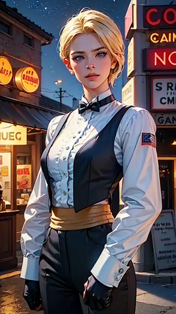 Upper body, Solo, female, sexy bouncer, ultra fine official art, ultra detailed 3D rendering,( standing for ready to fight, in front of bar entrance), detailed seductive beautiful face, smirky facial, (detailed eyes, blue eyes), elegantl makeup, blonde, detailed beautiful short hair, athlete body , curvy, slim, medium breasts, detailed description, (extremely detailed depictions in background, outdoor, bar entrance, night sky, enemies, in background), ((best quality,4k,8k,highres,masterpiece:1.2),ultra-detailed, (realistic,photorealistic,photo-realistic:1.37),HDR,UHD, incredibly absurdres, studio lighting,ultra-fine painting,sharp focus, physically-based rendering, extreme hyper detail descriptions in the artwork, professional,vivid colors, perfect anatomy), kingms, 1girl, solo, gloves, bow, fingerless gloves, pants , shirt, vest, suspenders