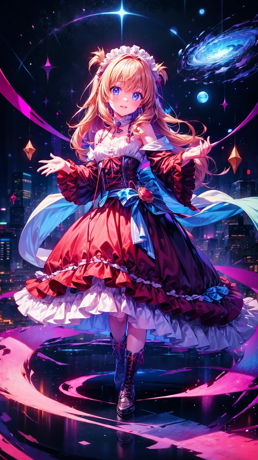   anime style 、story、、   pretty girl 、とてもcute天使、  pink gothic dress 、cute、baby face、smile、  Long Skirt 、   black boots 、Very cute headband
