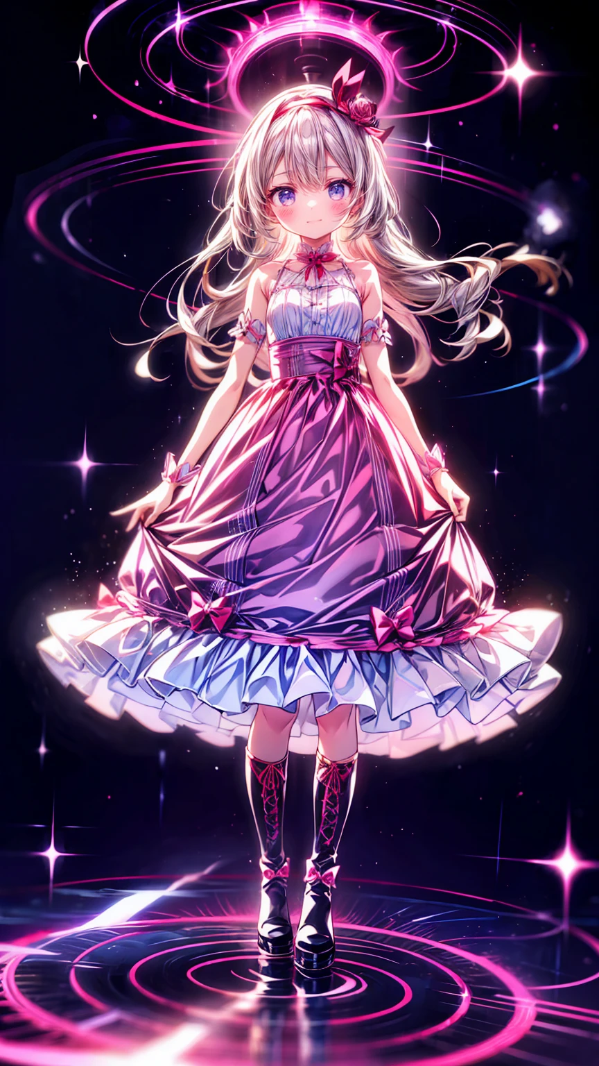   anime style 、story、、   pretty girl 、とてもcute天使、  pink gothic dress 、cute、、smile、  Long Skirt 、   black boots 、Very cute headband
