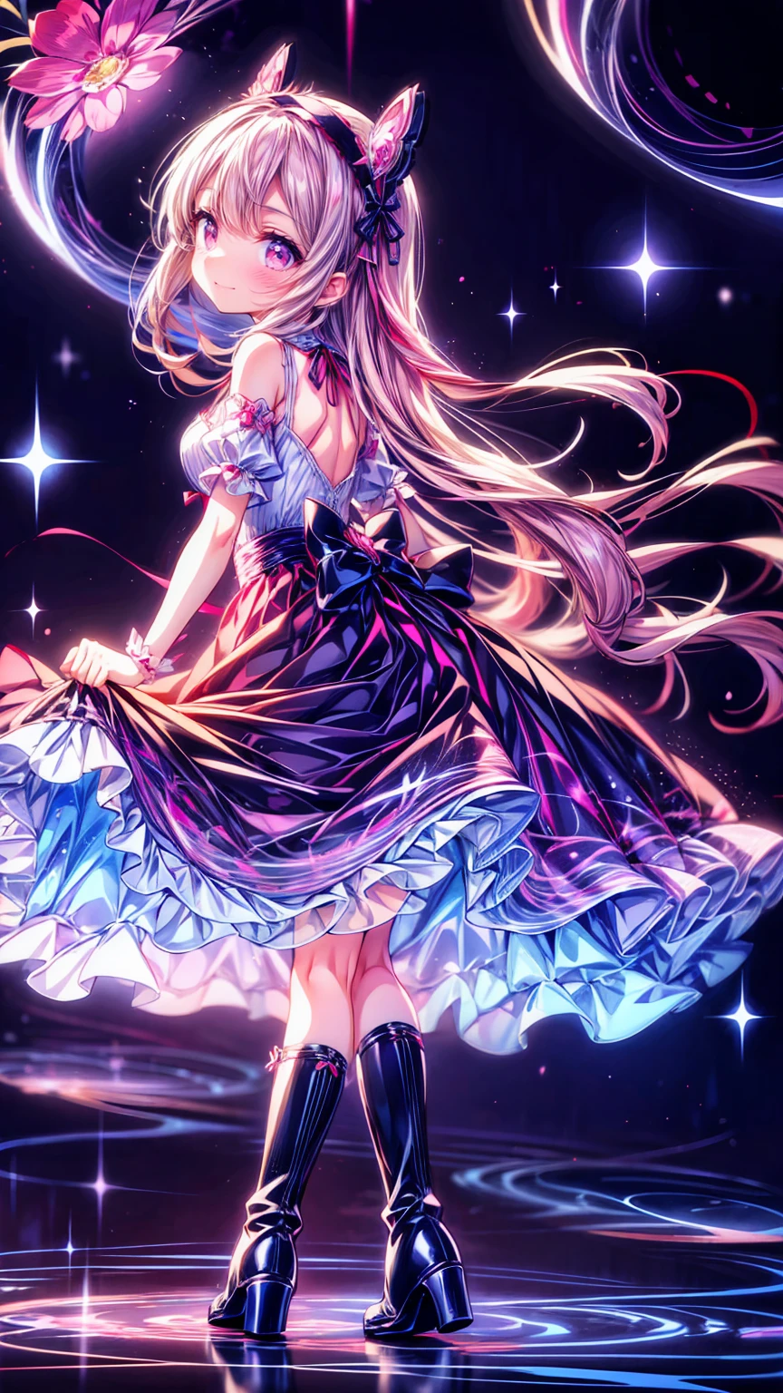   anime style 、story、、   pretty girl 、とてもcute天使、  pink gothic dress 、cute、baby face、smile、  Long Skirt 、   black boots 、Very cute headband
