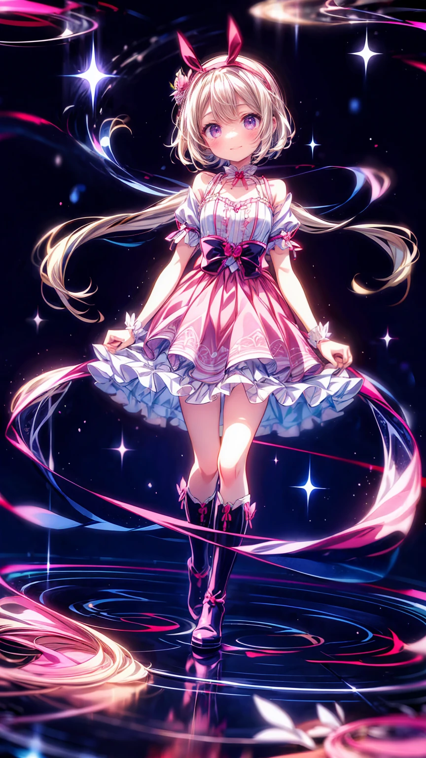   anime style 、story、、   pretty girl 、とてもcute天使、  pink gothic dress 、cute、*********、smile、  Long Skirt 、   black boots 、Very cute headband
