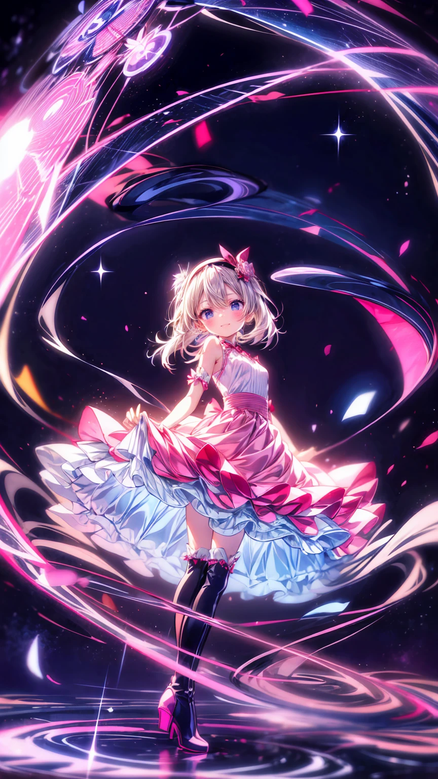   anime style 、story、、   pretty girl 、とてもcute天使、  pink gothic dress 、cute、baby face、smile、  Long Skirt 、   black boots 、Very cute headband
