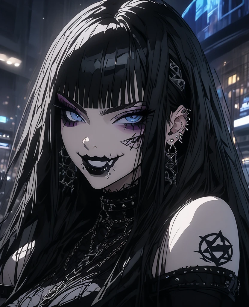 (masterpiece), 1girl, tall, adult, solo focused, perfect face, full body, expressive eyes, solo focused, anime style, skindation, detailed lips best quality, 8k, highres , skindention, gothic, black_lips, black_hair,  piercing, breasts, solo, long_hair, jewelry, ear_piercing, bangs, earrings, o-ring, blue_eyes, upper_body, looking_at_viewer, bare_shoulders, makeup, open_mouth, blunt_bangs, collar, eyeshadow, collarbone, spikes, choker, spiked_collar,  lip_piercing, mascara, nighttime, dimly lit space, mall background, pentagram, dark eyeliner, indoor, smirk