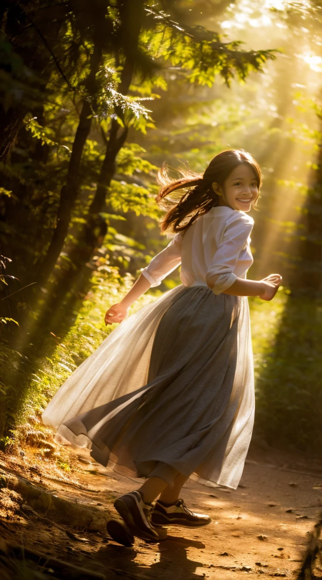  high definition , ( Official Art, beautiful、Midea: 1.2), close-up, A vast world,  girl,  Running, A refreshing smile,  Long Skirt, Distant Horizon, forest, natural beauty,  Inspiration ,   Light Effects    