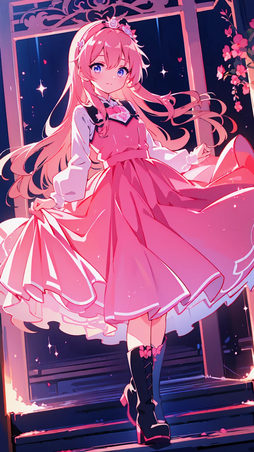   anime style 、story、、   pretty girl 、とてもcute天使、  pink gothic dress 、cute、baby face、smile、  Long Skirt 、   black boots 、Very cute headband
