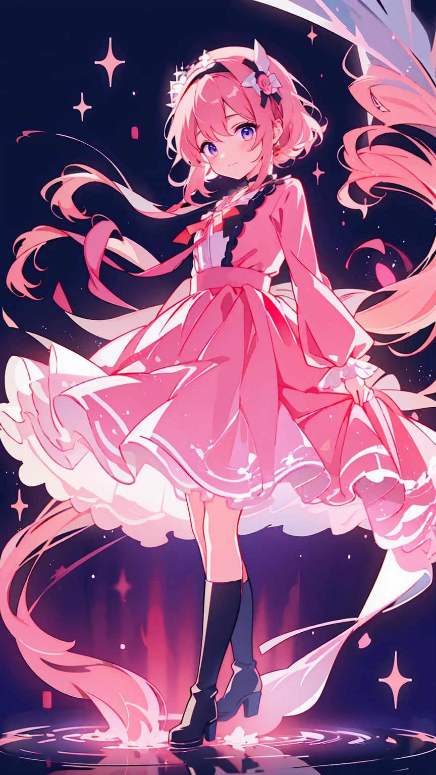   anime style 、story、、   pretty girl 、とてもcute天使、  pink gothic dress 、cute、baby face、smile、  Long Skirt 、   black boots 、Very cute headband
