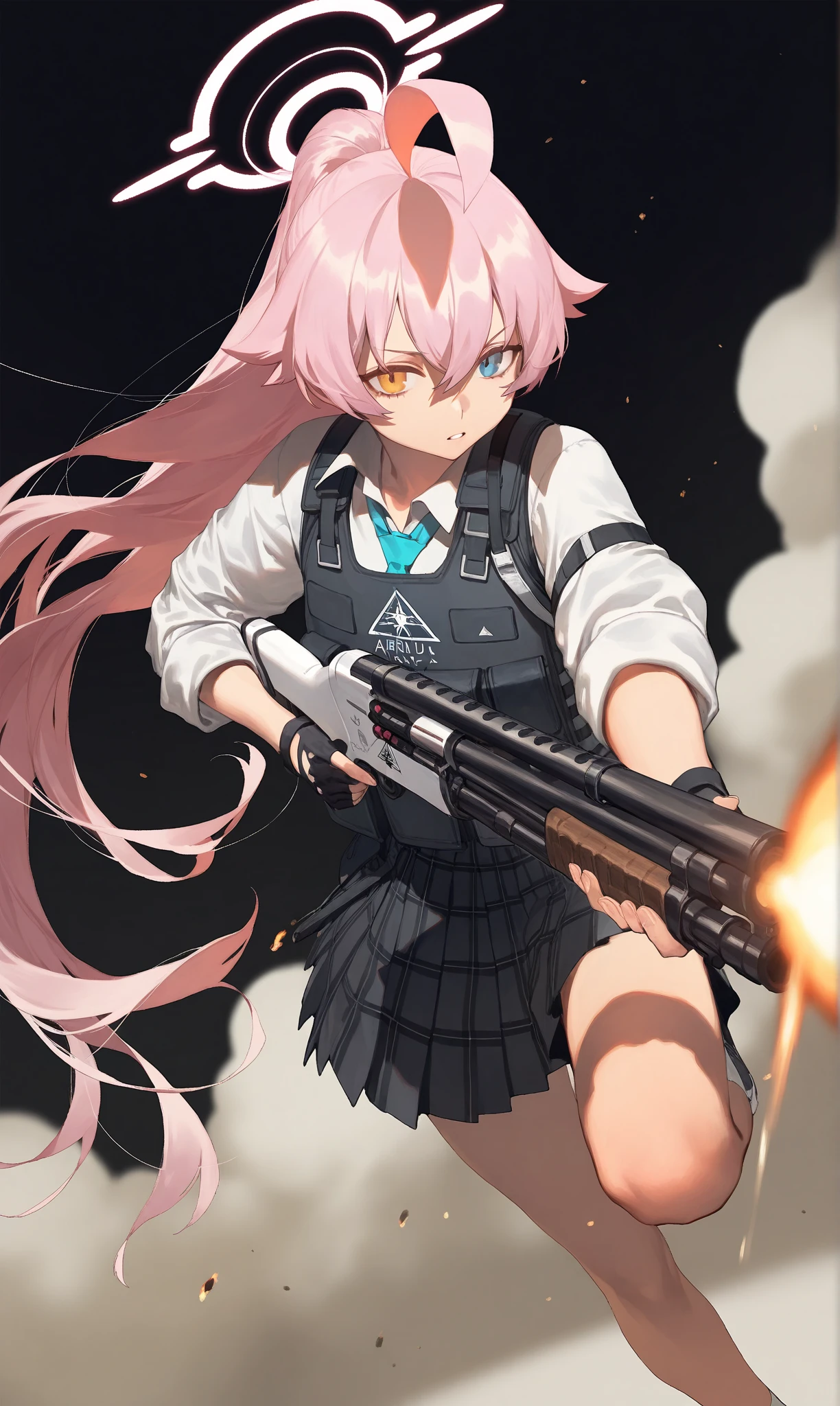 1girl, hoshino \(armed\) \(blue archive\), blue archive, lack, rei \(sanbonzakura\), airseal, (ciloranko:0.75), from above, dutch angle, feet out of frame, beretta 1301, shotgun, foreshortening, leaning forward, muzzle flash, floating hair, ahoge, steam, bulletproof vest, fingerless gloves, firing, hair between eyes, halo, holding gun, holding weapon, looking looking at viewer, parted lips, ponytail, froating, (shade:1.2), (orange theme:0.7), pleated skirt, standing on one leg, sidelocks, sleeves rolled up, solo, dust cloud, light particles, depth of field, black background, (leviathan \(hikinito0902\), modare:0.75), masterpiece, best quality, good quality, newest, year 2024, year 2023