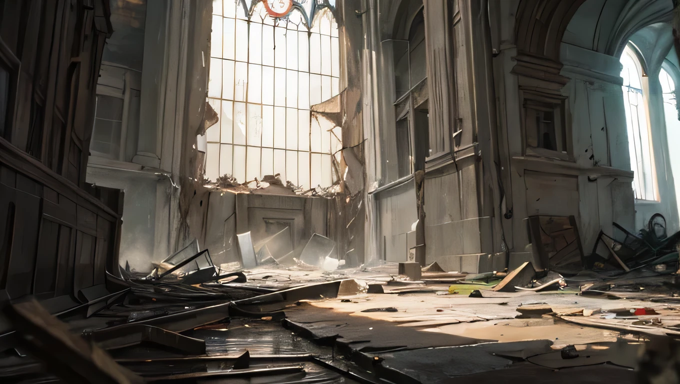 hot，Heat wave，inflammation，，Electric Arc ，Discharge，Collapse，earthquake， Ground Cracked ， Ancient Battlefield Background , textured skin, , , , , Award-winning works,  high detail,  Incredible High Key Lighting and Shadows,   Masterpiece ,Realistic、 no one、Destroyed church、Broken window glass