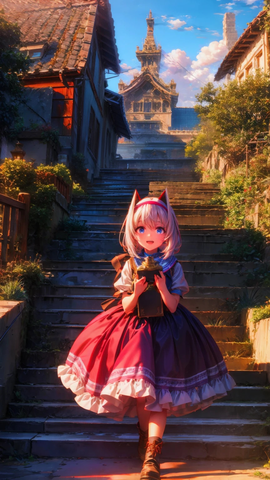   anime style 、story、、   pretty girl 、とてもcute天使、  pink gothic dress 、cute、baby face、smile、  Long Skirt 、   black boots 、Very cute headband
