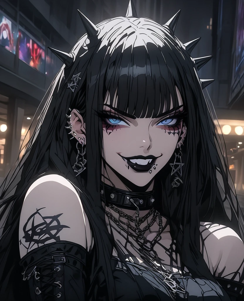 (masterpiece), 1girl, tall, adult, solo focused, perfect face, full body, expressive eyes, solo focused, anime style, skindation, detailed lips best quality, 8k, highres , skindention, gothic, black_lips, black_hair,  piercing, breasts, solo, long_hair, jewelry, ear_piercing, bangs, earrings, o-ring, blue_eyes, looking_at_viewer, bare_shoulders, makeup, open_mouth, blunt_bangs, collar, eyeshadow, collarbone, spikes, choker, spiked_collar,  lip_piercing, mascara, nighttime, dimly lit space, mall background, pentagram, dark eyeliner, indoor, smirk, indoor, mall background, inside, massive breasts, thick thighs, mini skirt, knee high boots, leather boots, black boots, chains, neck choker, bare shoulders, clevage