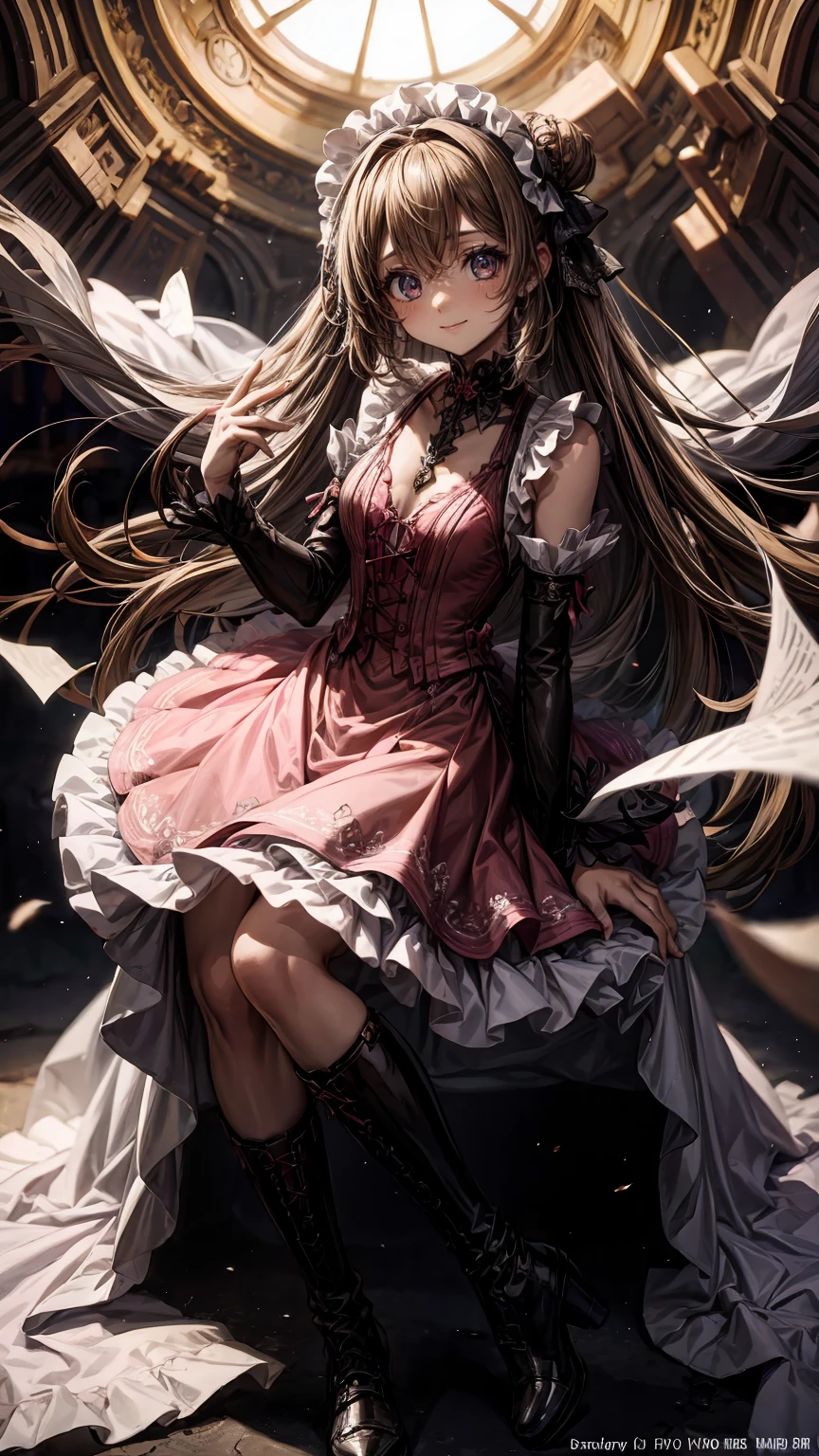   anime style 、story、、   pretty girl 、とてもcute天使、  pink gothic dress 、cute、、smile、  Long Skirt 、   black boots 、Very cute headband
