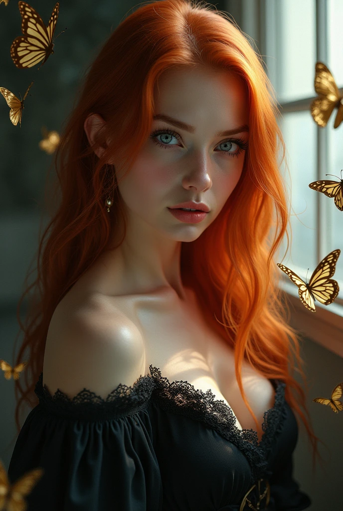 (solo, full body photo:1.3), (action packed:1.3), (haze, fog, mist:1.3), chiaroscuro, best quality, photorealistic, 1woman, (naked), (cute), (24yo:1.2), redhead, long ginger hair highly detailed, 1700'S, digital photography, art by artgerm and ruan jia and greg rutkowski surreal painting gold butterfly filigree, broken glass, (masterpiece, sidelighting, finely detailed Fashionable eyes: 1.2) (perfect oval large eyes that gazes at the viewer), beautiful detailed face, blue gorgeous perfect eyes, (blonde hair ponytail), (attractive young woman:1.3), (thick amazing hair), (seductive:1.1), (blushing:1.1)