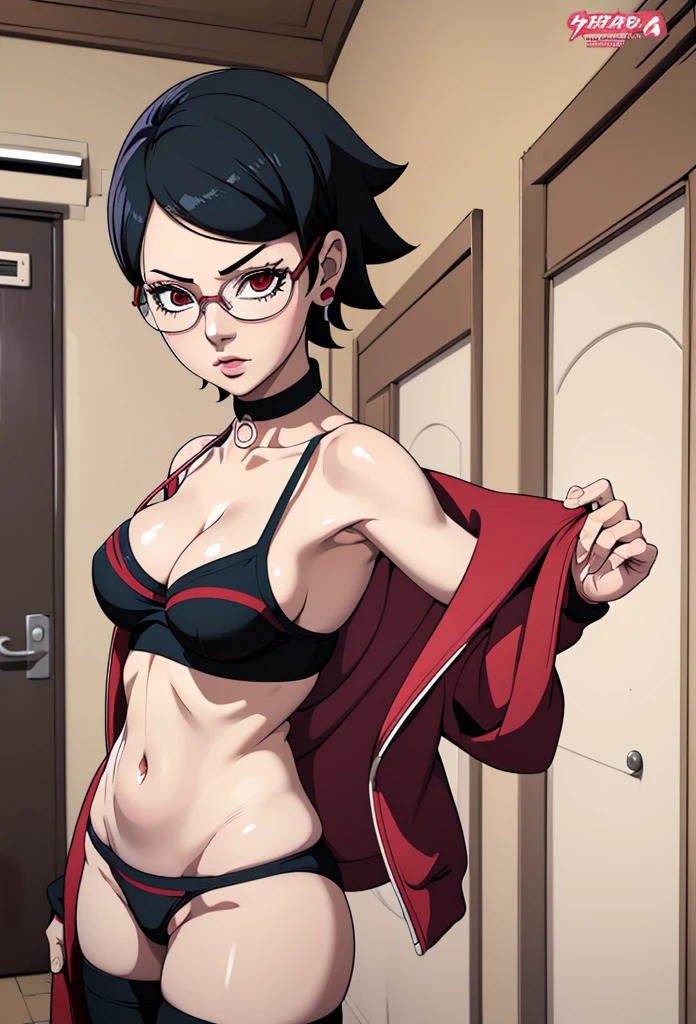 Masterpiece,Solo,1Girl,Sarada Uchiha,(Boruto),Perfect Body,Sexy Body Hot,Big Breast,High Quality,High Resolution,Photograph 16K,Ultra Detailed,Ultra HD,Erotic Girl,Beautiful,Beautiful Girl,Sexy Pose,Bedroom,Glasses,Super Mini Bra,Super Mini Panties