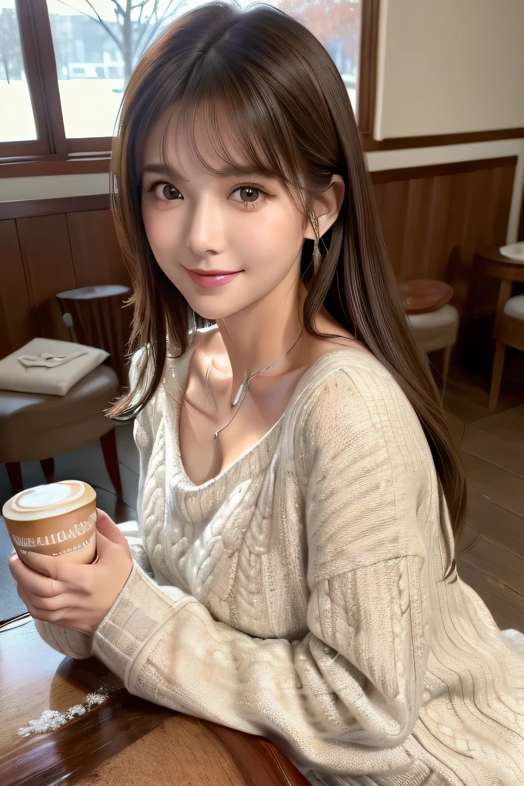 Araffe woman sitting at a table with a cup of coffee - SeaArt AI