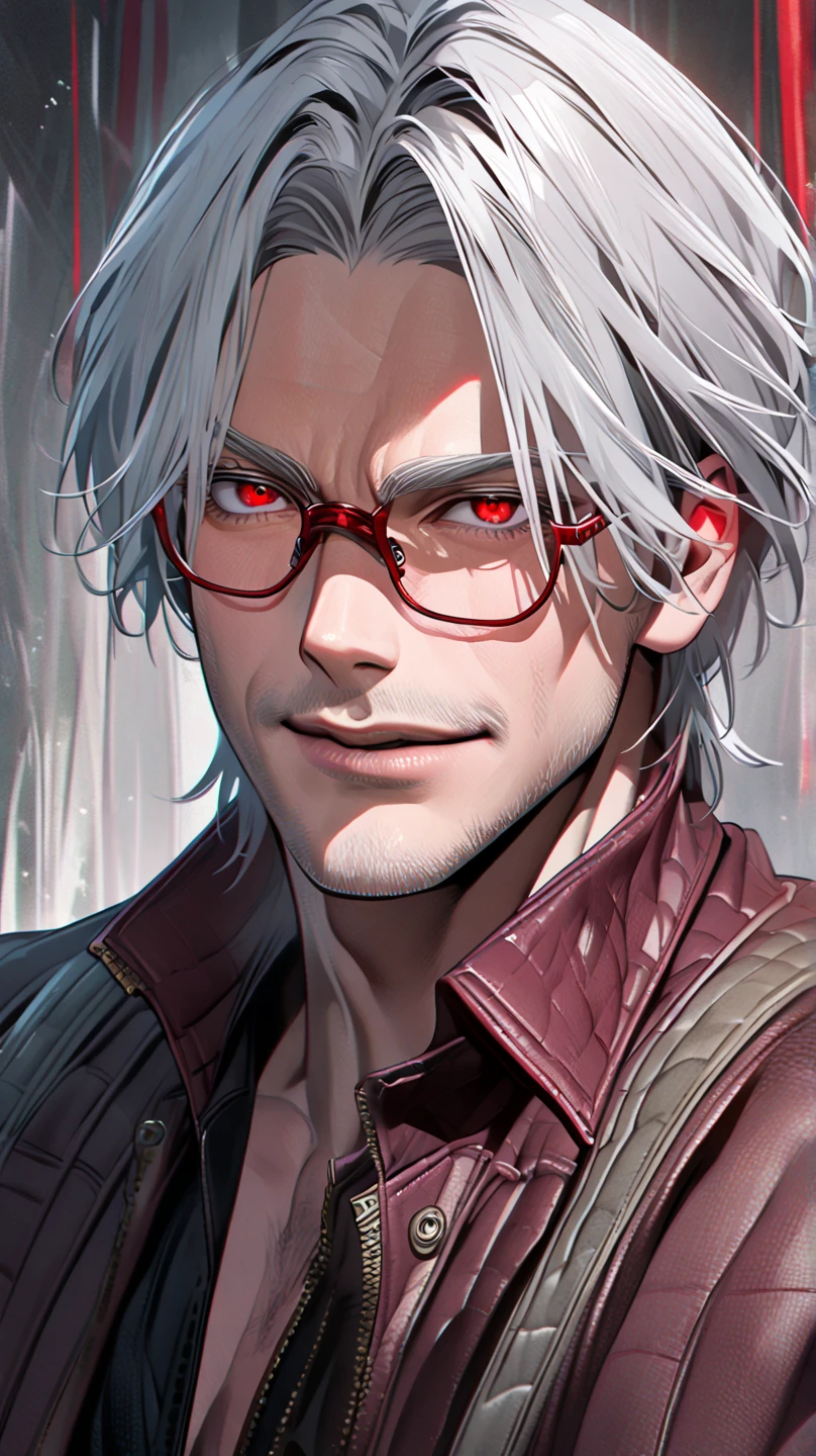 white hair, man, young mature, red eyes, red glasses