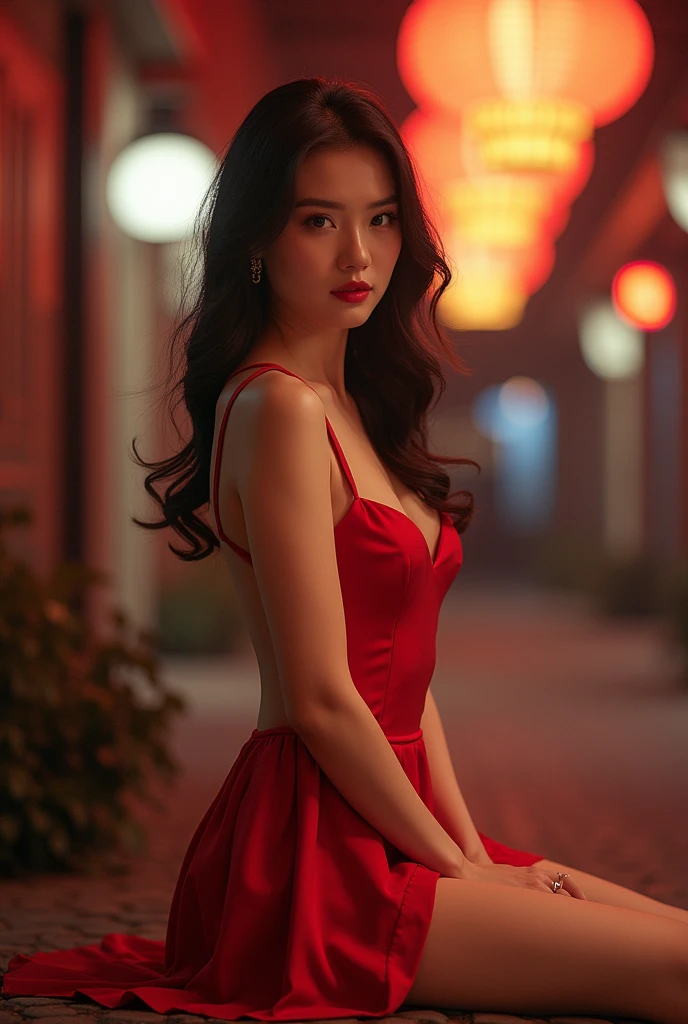 Beautiful black-haired girl with brown eyes and long hair wearing sexy red dress walking through the streets of Quito at night