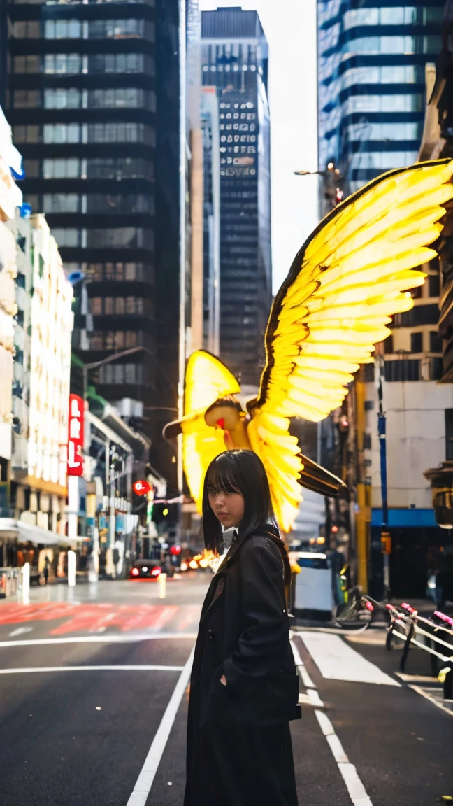  an angel woman who flew down into the city、looking at viewer、Her fist glows yellow 、 black hair、Big Breasts、