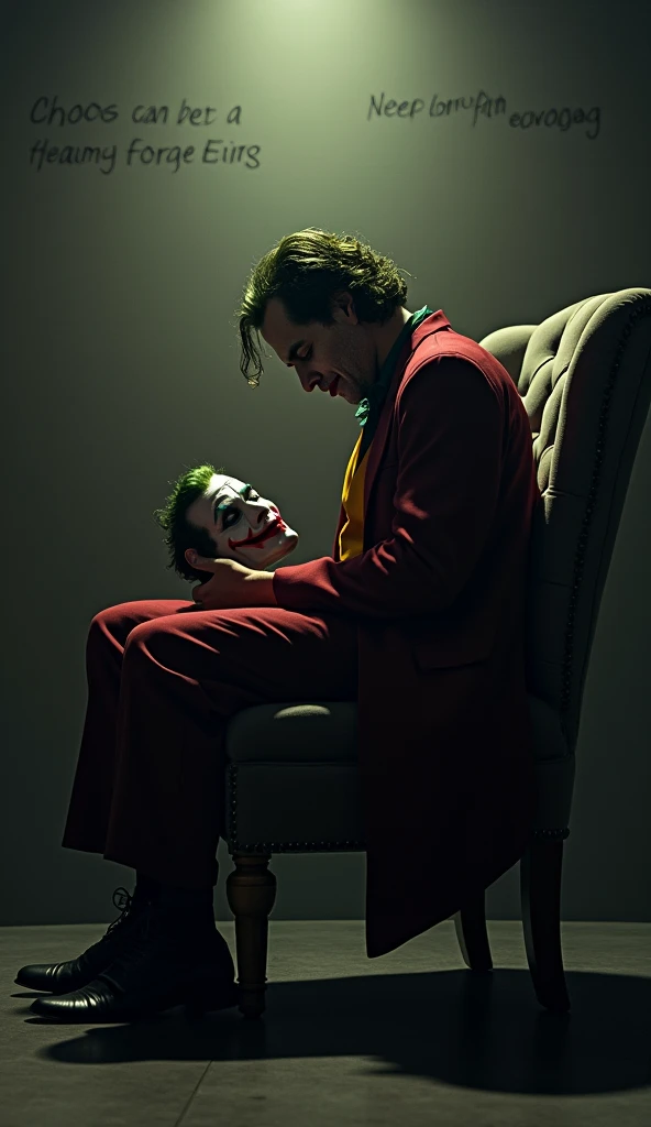 cinematic portrait image with zoom on the face and neck of the Joker with devil horn looking in love at Harley Quinn in angel outfit and Harley Quinn angel with wings and halo in the sky with hair .Harley Quinn is wearing a light white dress and has blue eyes..