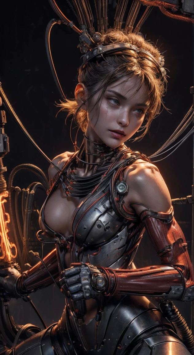 (((Masterpiece))), ((Best Quality)), (Super Detail), (CG Illustration), (Very Evil and Beautiful)), Cinematic Light, ((1 Mechanical Girl)), Single, (Mechanical Art: 1.4), ((Mechanical limb)), (Blood vessel attached to a tube), ((Mechanical spine attached to the back)), ((Mechanical cervical vertebrae attached to the neck), (Back to the viewer)), expressionless, ( Wires and cables attached to the head and body: 1.5), Science Fiction, Apocalypse, Ruins, (Lower Body Integrated with Mechanical Devices), (Blood: 1.5), Cruelty, Absurdity, Eroticism, Fusion with Machines, Doomsday Time, Super Future, Inorganic, Laboratory, Restraint, (Beautiful Indulgence: 1.2), (1 Girl: 1.3), Body Wrapped Around Mechanical Tentacles