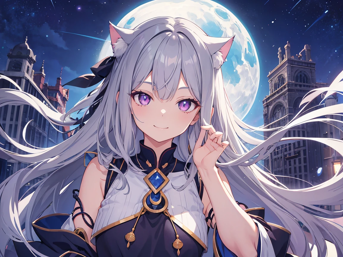 Long hair,  Looking at viewers, smile, snaggletooth,  no bangs , gray hair ,Indigo eyes,Cat statue,Chic,Head behind the ear , Under eye spots,부드러운 smile,  eyes with raised corners,  night sky illustration,  anime ,  anime  스타일, 