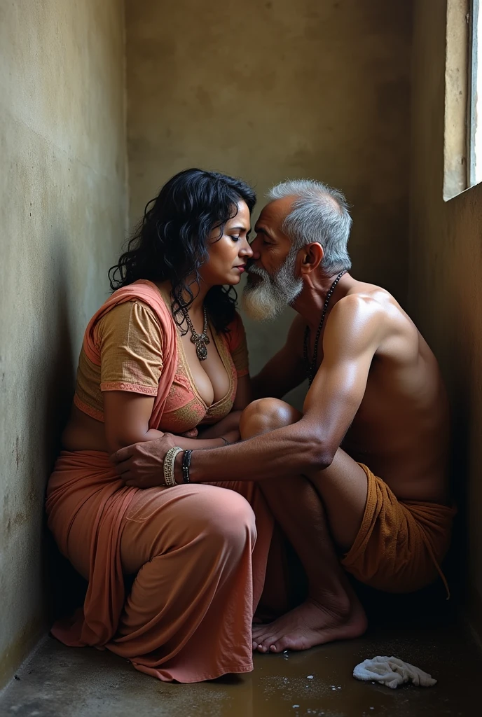 Pale skin bun hair kurdish nude woman talking with a Indian man in house consistent fixed