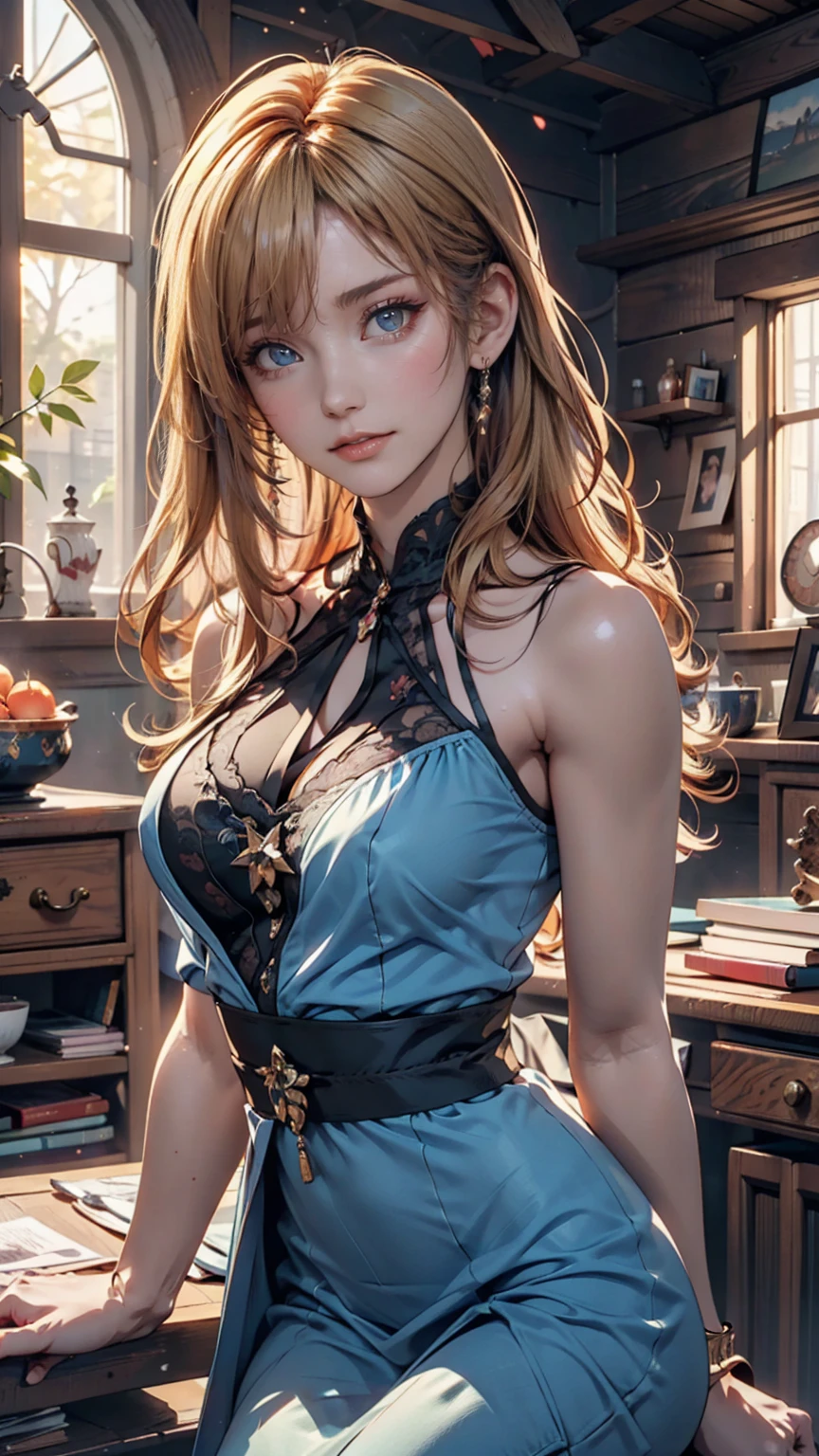  A blonde woman with long hair and a blue dress is posing for a photo,  realistic anime art style,  photorealistic anime girl rendering, smooth anime cg art,  ANIME REALISM STYLE ,  realistic art style ,  realistic young anime girl ,  Beautiful Digital Paintings,  realistic animated 3D style ,  Beautiful Animated Portraits ,  realistic anime style ,  close-up character portrait with V8 engine, 3D Anime Real,   anime style portrait  