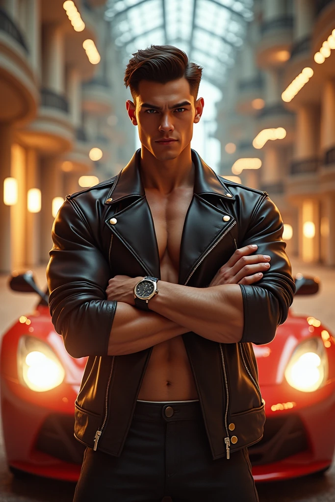 masterpiece, best quality, high resolution, closeup portrait, (1boy:1.4) A man standing, in front of a kavasaki motorcycle, black leather clothing, see-through, looking front, dark skin, muscular, (no shirt:1.2) male focus, ground focus, muscular, burly, hairy, male, (shirtless:1.2), neon city background, awesome composition, front view, HDR, volumetric lighting, (wide shot, from front:1.2) (GS-Male: 1.5 ) (magnificent landscape:1.2)