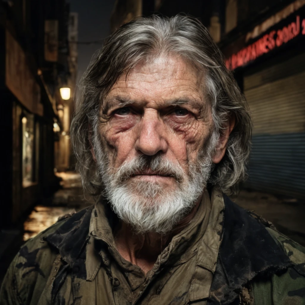 (masterpiece)+, (extremely (realistic)+, a portrait of a extremely ugly 60 years old male manhunter. Dressed in camo hunter suit. dirty face, dirty hair, Grey hair, bushy beard, dirty torn clothes, brown eyes, pale skin, Crazy stare. Front photo. volumetrics dtx, Photorealistic, ultra detailed, Artstation trending, very very detailed, realistic shaded lighting, dynamic shadows, Night ghetto background, upper body, professional photograph of a detailed skin, sharp focus, dramatic, award winning, cinematic lighting, octane render, unreal engine, volumetrics dtx, Photorealistic, ultra detailed, Artstation trending, very very detailed, hyperrealistic, fine details, realistic shaded lighting, dynamic shadows, Night ghetto background, add_detail:1, skin pores and wrinkles, details.,More Reasonable Details