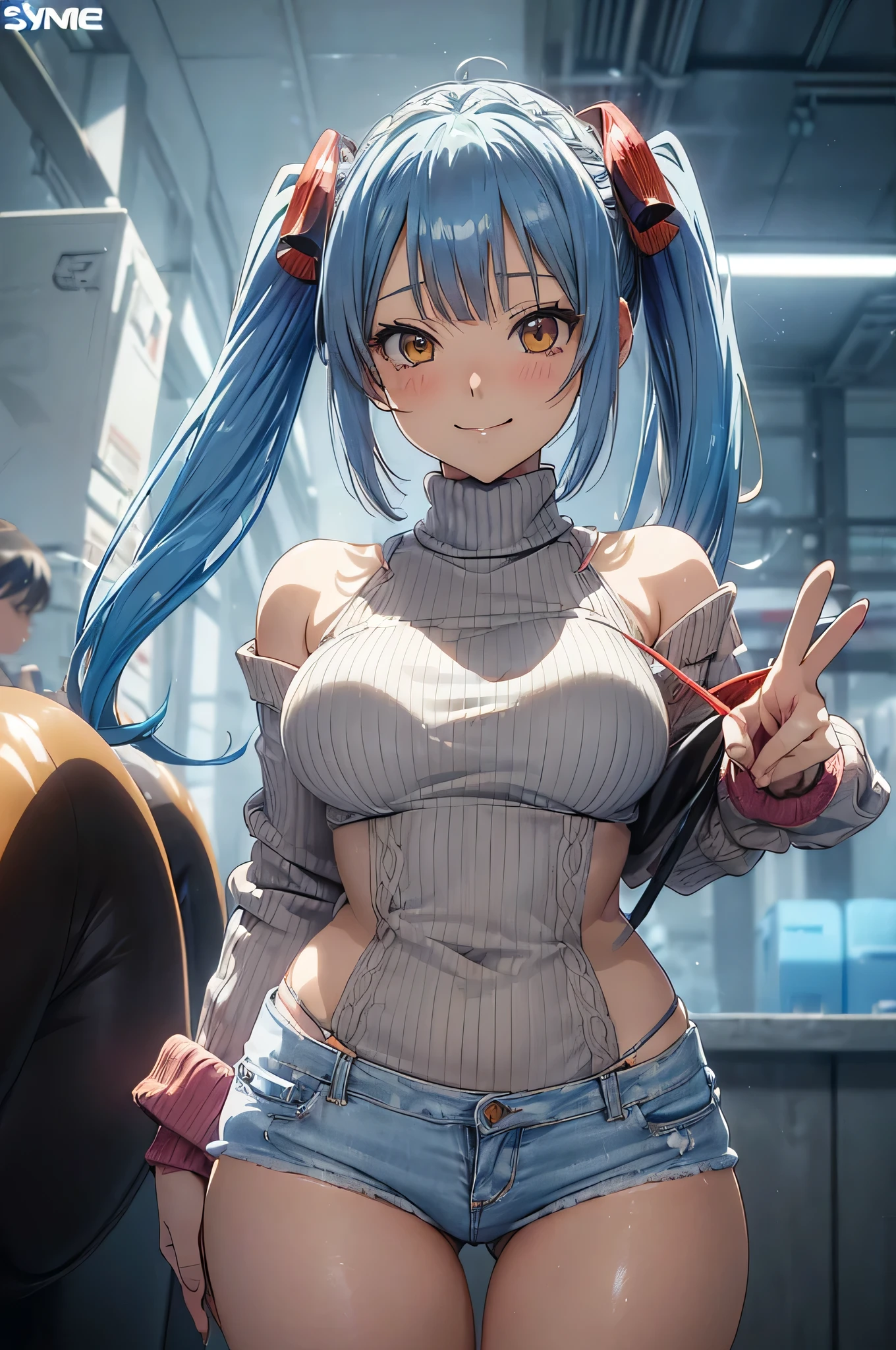 Anime Reality,Soft Light, masterpiece, best quality,high quality,Delicate face, Practical,photoPractical,1 Girl,
Bulma Dragon Ball, Bulma briefs,White tights,Red Eyes,Pilot suit,short hair,Blue Hair,Bangs,Interface Headphones,turtleneck sweater,Hair between the eyes
