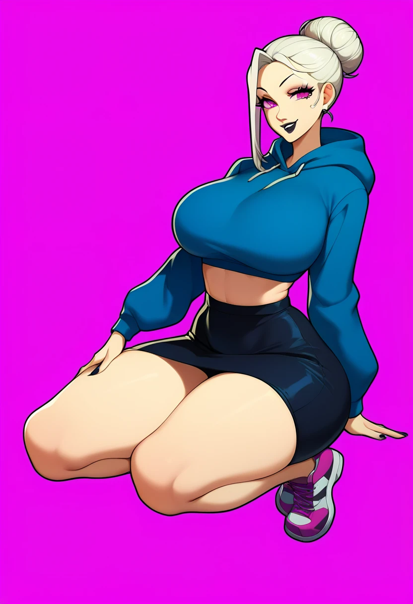 1girl, thicc thighs, big breasts, seductive smile, oc, anime, black lips, thicc thighs, blue bkini, purple, White hair, pink eyes, purple top, black skirt, white thigh high shoes, blue hoodie, pink shoes, white background, close up