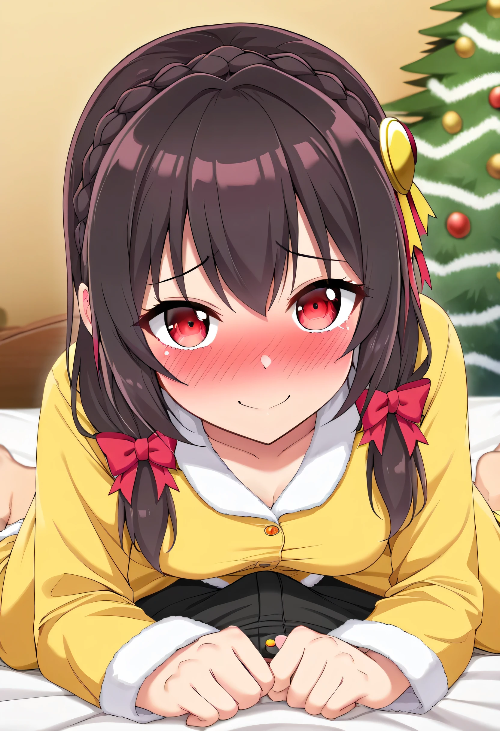 yunyun、masterpiece, best quality,  high definition ,(One person), Yunyun、  crown braid the same color as your hair,  black hair、Red eyes、 hair accessory with an open crotch, (Yellow pajamas)、(Pajamas with black shorts )、 big-breasted 、(blush:1.2)、( Christmas tree:1.2)、Looking up、( with an embarrassed smile)、View the viewer、 bed、( face down )