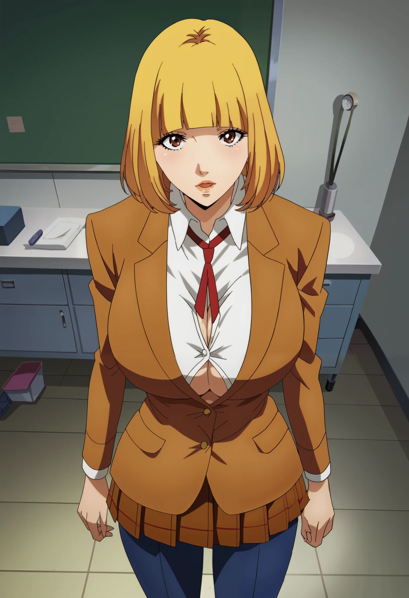 score_9, score_8_up, score_7_up, score_6_up, score_5_up, score_4_up, masterpiece, best quality, very aesthetic, absurdres, source_anime, anime screencap, 1990s \(style\), BREAK (1girl), hana midorikawa, brown eyes, blonde hair, bang, blunt bangs, school uniform, jersey long pants under skirt, (ultra huge breasts, ultra huge cleavage, ultra huge tits, ultra huge boob), indoors, ultra realistic interior of school’s nurse office room, ultra realistic interior of health room in school room, standing, close up angle, zoom up angle,