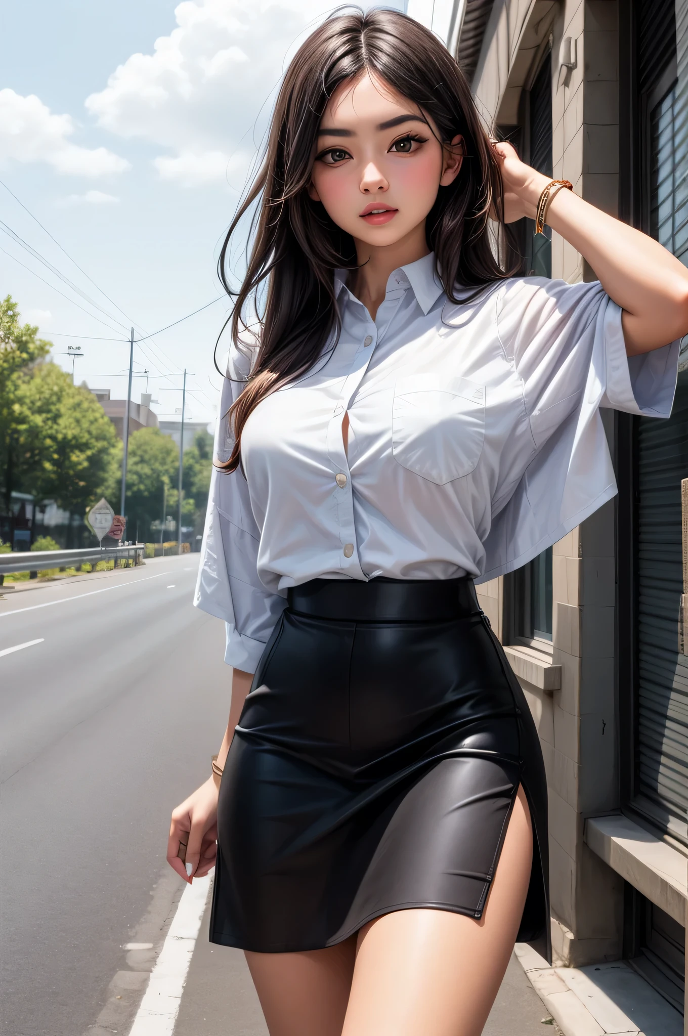 (realistic, photo-realistic:1,3), full body, sexy outfit, revealing clothes, big breasts, a beautiful woman, long legs, super small waist, slim thighs, white shirt, vest pink, buttoned, shirt tucked under skirt, ((sexy super short pink leather skirt, sexy tight)), Super sexy pose, white panty visible, body beautiful, cleavage, walking in the suburbs, slightly drizzling night background, slightly wet asphalt, seductive smile with dimples