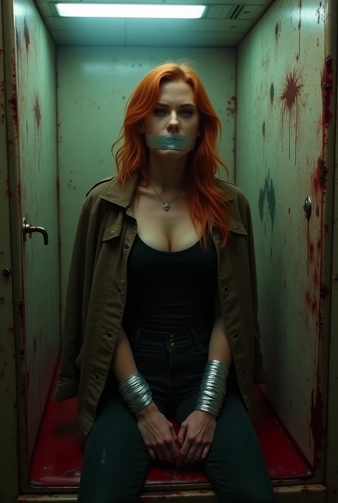 photorealistic, 8k, high quality, cinematic lighting, vibrant colors, detailed textures,one girl, wearing white buttoned long sleeve, tucked in a blue jeans, hands up, back against a cement wall, very dark basement, scared face, ((looking at the viewer)), hands are raised upward, red head, Brazilian,