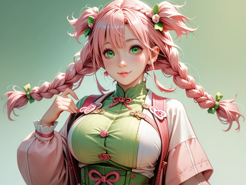 cleavage, big boobs, looking at viewer, Asian, women, braids, (((gradient hair green and pink))), smiling, Al art, Mitsuri Kanroji, Kimetsu no Yaiba, cleavage cutout, uniform, illustration, digital art, artwork, portrait display, open shirt, two tone hair