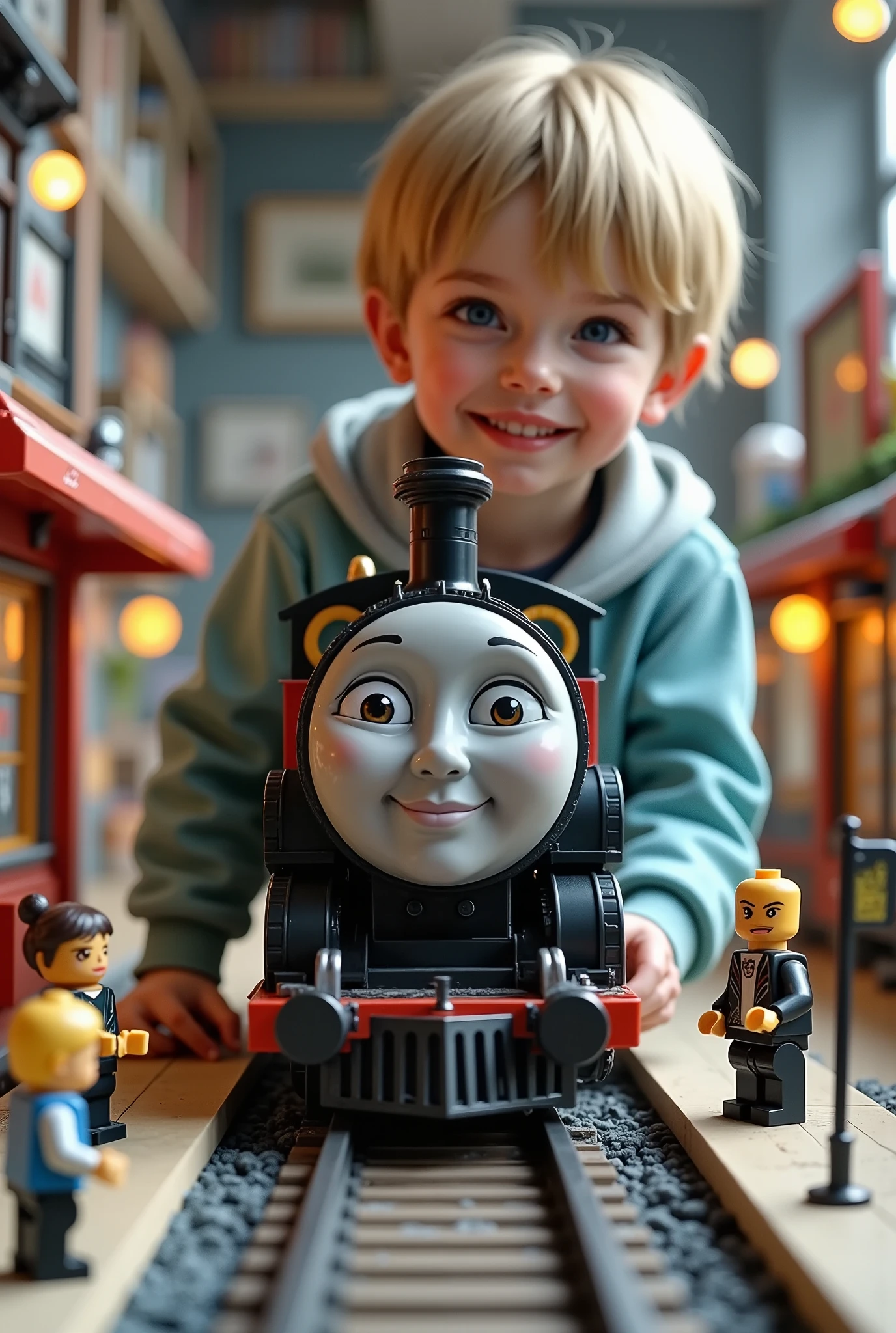  boy playing with a model of toy trains having fun smiling:1.21,In the foreground is the model is very well decorated with a train stop station, LEGO :1. 3 dolls waiting for the toy train ,  the camera is from below ,  making the  look bigger ,, en primer plano se ve el tren con los LEGO  esperando el tren:1.2, The boy pushes the train ,  to the train station so that the dolls can get on the toy train,  in the background you can see the boy and his room with decorations is ,  atmosphere of playing with the imagination 